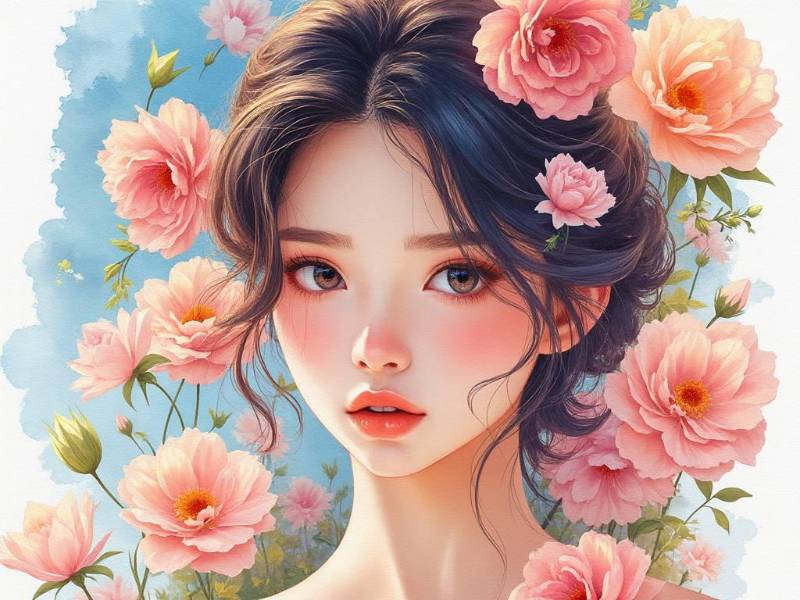 Woman With Flowers Surrounding Watercolor 