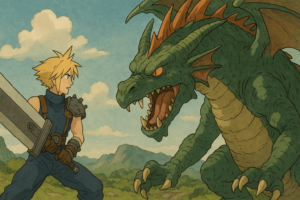 Anime drawing with sepia overtone, of Cloud from Final Fantasy 7 and his broad sword fighting against a big green dragon.